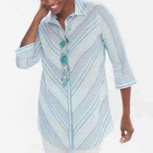 Chicos linen stripe button back accent tunic blouse size 2